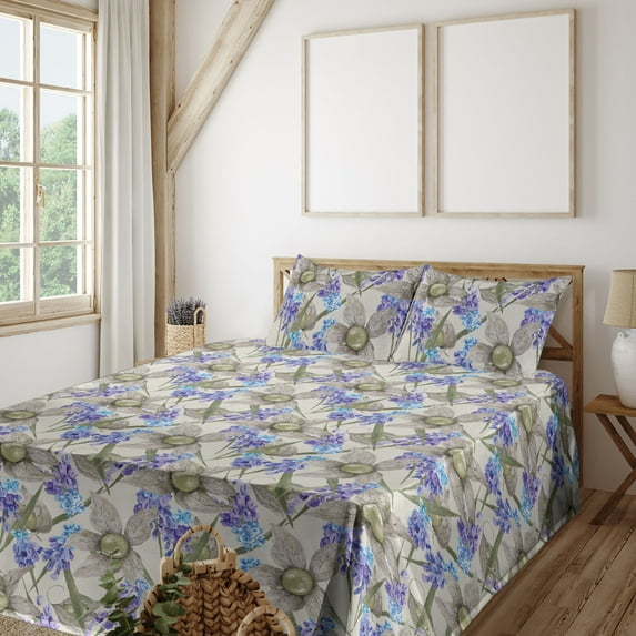 Ambesonne Spring Fitted & Flat Sheet with Shams 4 Pcs Set, Flowers Botanical Vintage, Full, Indigo and Pale Sepia