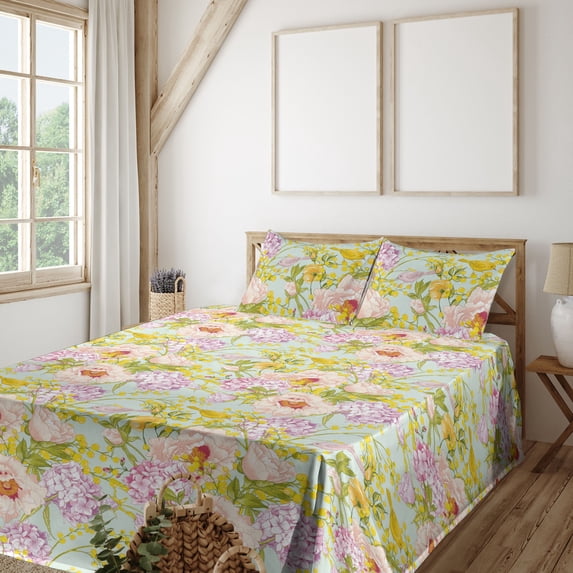 Ambesonne Spring Fitted & Flat Sheet with Shams 4 Pcs Set, Flowers Branches Birds Plot, Full, Pastel Yellow Pale Peach
