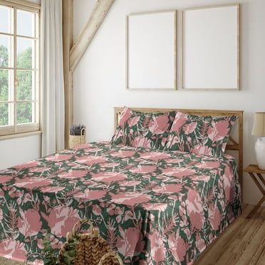 Ambesonne Spring Fitted & Flat Sheet with Shams 4 Pcs Set, Flowers Branches Flora Plot, King, Dried Rose Olive Green
