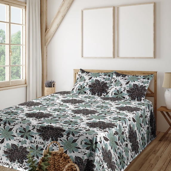 Ambesonne Spring Fitted & Flat Sheet with Shams 4 Pcs Set, Flowers Flora Scene Pattern, Full, Reseda Green Grey and White