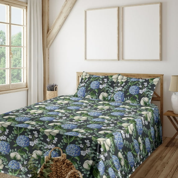 Ambesonne Spring Fitted & Flat Sheet with Shams 4 Pcs Set, Hydrangea Flowers Vintage, King, Dark Green and Violet Blue