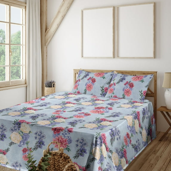 Ambesonne Spring Fitted & Flat Sheet with Shams 4 Pcs Set, Rose Colorful Flowers Flora, Full, Dark Ceil Blue and Pale Teal