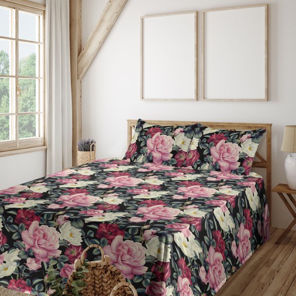 Ambesonne Spring Fitted & Flat Sheet with Shams 4 Pcs Set, Roses Leaves Vintage Plot, King, Dried Rose and Jade Green