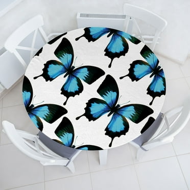 Ambesonne Spring Fitted Round Tablecloth, Bluish Colored Butterflies, 40"- 44" Diameter, Hunter Green Pale Blue