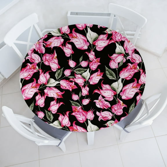 Ambesonne Spring Fitted Round Tablecloth, Bougainvillea Flowers Print, 36"- 40" Diameter, Hot Pink Reseda Green