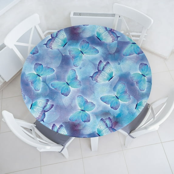Ambesonne Spring Fitted Round Tablecloth, Butterflies Watercolor Back, 40"- 44" Diameter, Soft Blue Lavender and White