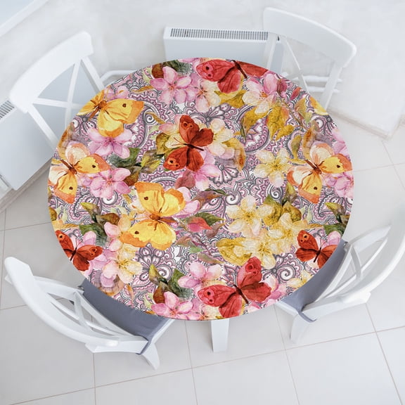 Ambesonne Spring Fitted Round Tablecloth, Butterfly Flower Vintage Art, 36"- 40" Diameter, Pastel Yellow and Soft Pink