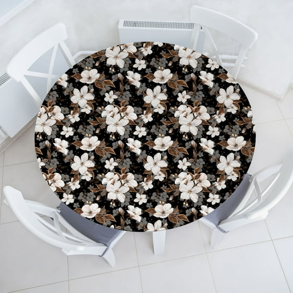 Ambesonne Spring Fitted Round Tablecloth, Flowers of the Night Print, 56"- 60" Diameter, Charcoal Grey and Umber