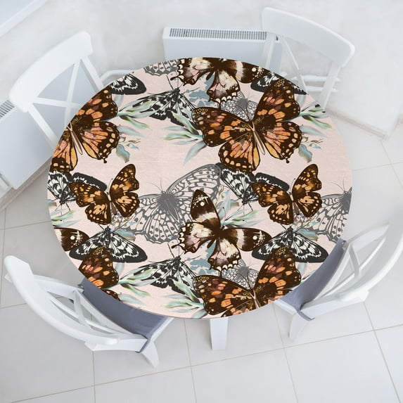 Ambesonne Spring Fitted Round Tablecloth, Grunge Vintage Butterfly Art, 56"- 60" Diameter, Dark Cocoa and Almond Green