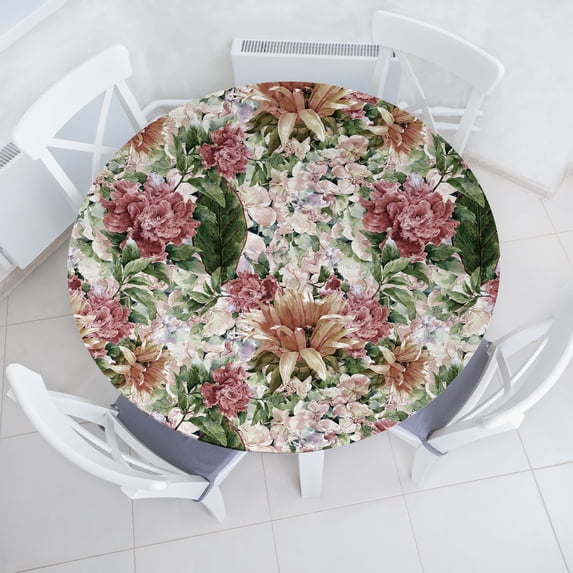 Ambesonne Spring Fitted Round Tablecloth, Painting Look Summer Floral, 56"- 60" Diameter, Olive Green and Pale Ruby