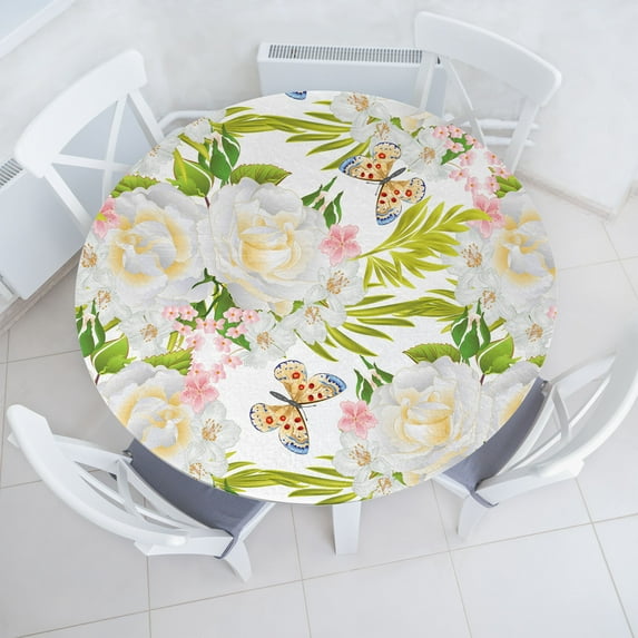 Ambesonne Spring Fitted Round Tablecloth, Roses Butterflies Flora Plot, 56"- 60" Diameter, Apple Green and Pastel Yellow