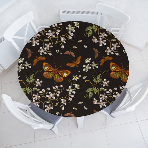 Ambesonne Spring Fitted Round Tablecloth, Sakura Butterflies Print, 40"- 44" Diameter, Dark Orange and Laurel Green