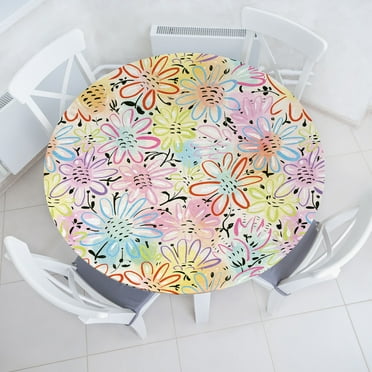 Ambesonne Spring Fitted Round Tablecloth, Simplistic Flora Watercolor, 40"- 44" Diameter, Vermilion Sky Blue and Pink