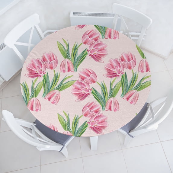 Ambesonne Spring Fitted Round Tablecloth, Simplistic Tulips Pattern, 45"- 56" Diameter, Pastel Pink and Pale Green