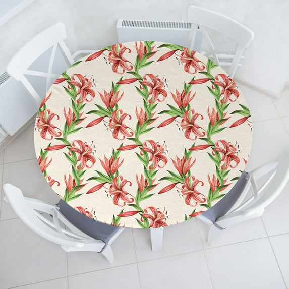 Ambesonne Spring Fitted Round Tablecloth, Tiger Lily Flowers Exotics, 36"- 40" Diameter, Coral Green Off White