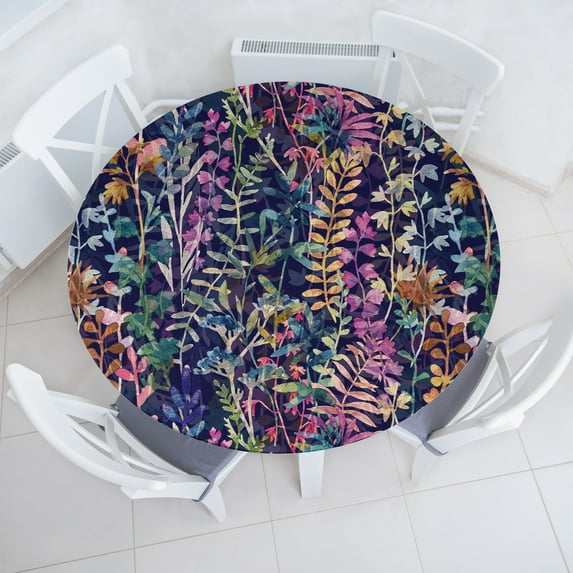 Ambesonne Spring Fitted Round Tablecloth, Watercolor Art Leaves Plot, 56"- 60" Diameter, Pale Caramel and Lavender