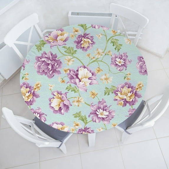 Ambesonne Spring Fitted Round Tablecloth, Watercolor Repeating Flora, 45"- 56" Diameter, Pale Eggplant Green