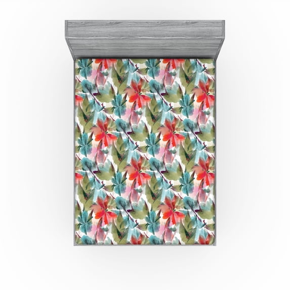 Ambesonne Spring Fitted Sheet, Abstract Watercolor Flora, King Size, Scarlet and Pale Blue Grey