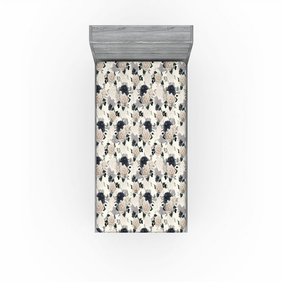 Ambesonne Spring Fitted Sheet, Black and White Roses Art, Twin XL Size, Dark Blue Grey and Taupe
