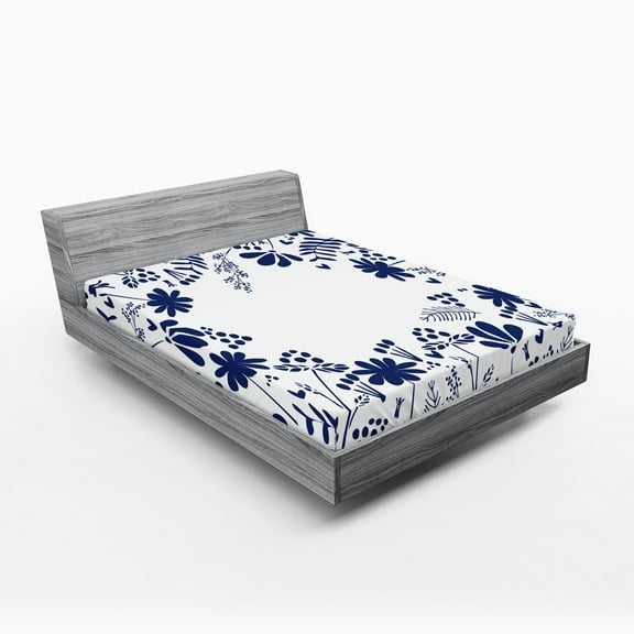 Ambesonne Spring Fitted Sheet, Botanic Flowers Leaves, Queen Size, Indigo White