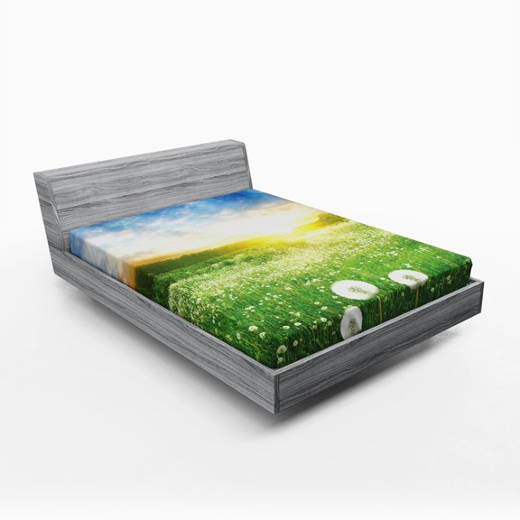 Ambesonne Spring Fitted Sheet, Dandelion Flower Field, Full Size, Lime Green Blue
