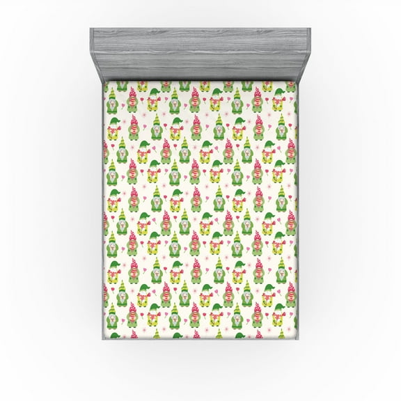 Ambesonne Spring Fitted Sheet, Eastern Gnome Flowers Art, California King, Off White Fern Green