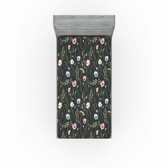 Ambesonne Spring Fitted Sheet, Flora Art Dark Backdrop Art, Twin XL Size, Charcoal Grey Blush and Pink