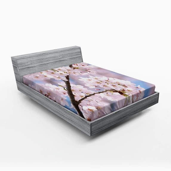 Ambesonne Spring Fitted Sheet, Floral Cherry Branches, Full Size, Pale Pink