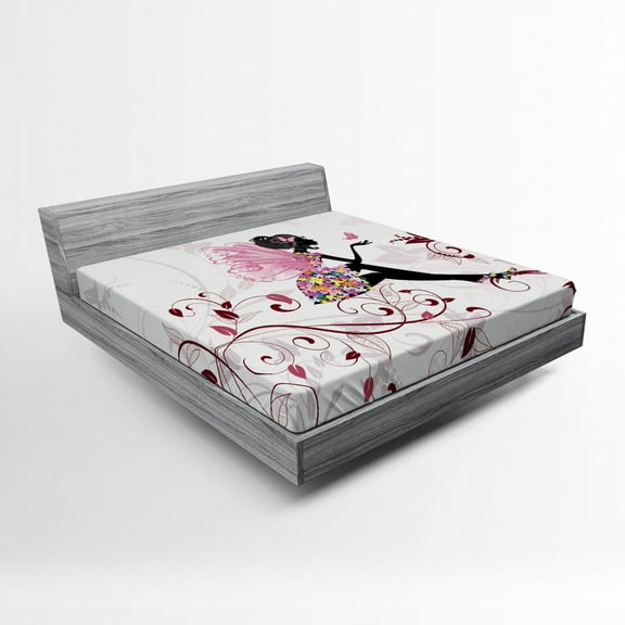 Ambesonne Spring Fitted Sheet, Flower Butterflies, Queen Size, Maroon Black Pink