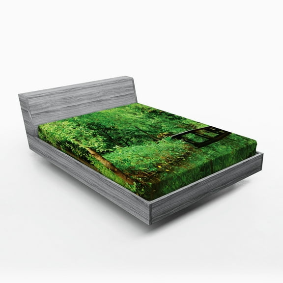 Ambesonne Spring Fitted Sheet, Foliage Forest Woodsy, Full Size, Green Brown