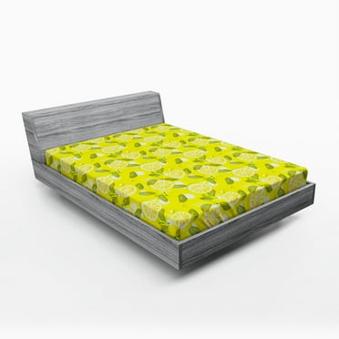 Ambesonne Spring Fitted Sheet, Fresh Lemons with Leaves, Queen Size, Yellow Fern Green