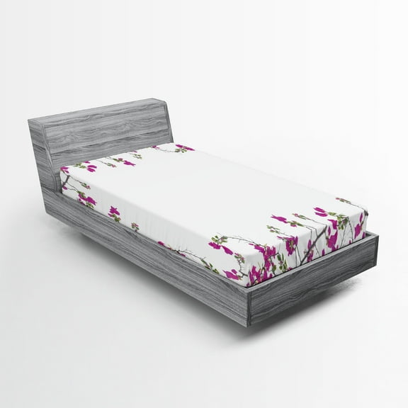 Ambesonne Spring Fitted Sheet, Fuchsia Tones Branches Look, Twin Size, Taupe Grey Magenta White