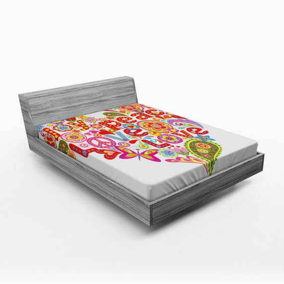 Ambesonne Spring Fitted Sheet, Hippie Floral Heart Sign, Queen Size, Multicolor