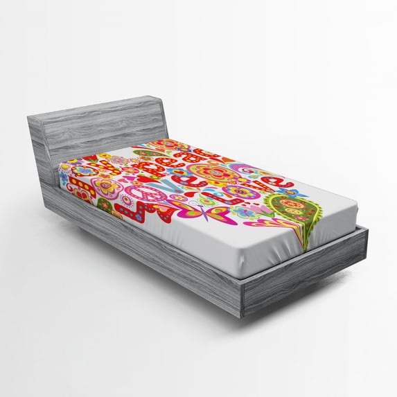 Ambesonne Spring Fitted Sheet, Hippie Floral Heart Sign, Twin XL Size, Multicolor