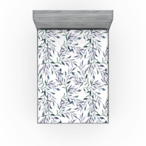 Ambesonne Spring Fitted Sheet, Leaves Watercolor Ornament, California King, Lavender Blue and Pale Teal