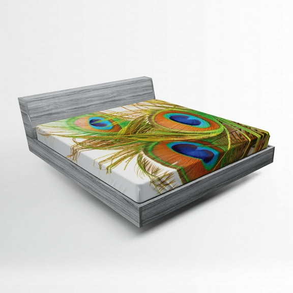 Ambesonne Spring Fitted Sheet, Modern Peacock Feathers, Full Size, Blue Green Pale Brown