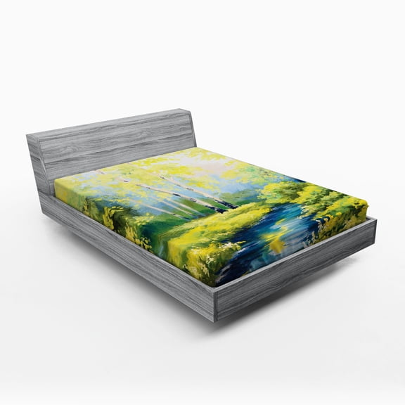 Ambesonne Spring Fitted Sheet, Pastoral Forest Woods, Full Size, Green Blue
