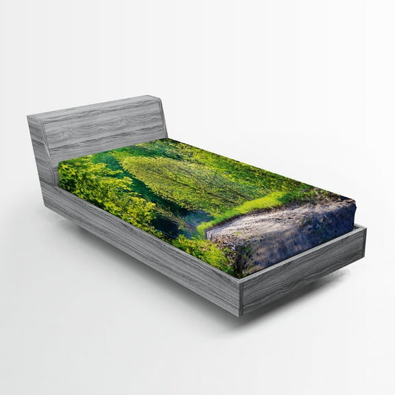 Ambesonne Spring Fitted Sheet, Path in Forest by Lake, Twin XL Size, Lime Green Grey