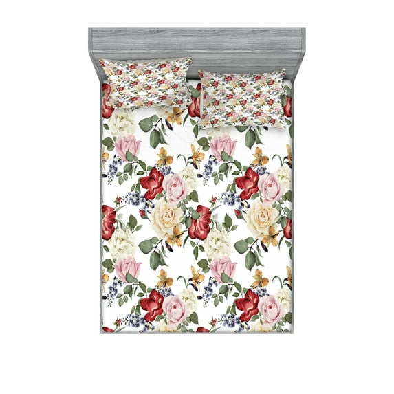 Ambesonne Spring Fitted Sheet & Pillow Sham Set, Lilacs Roses Flowers, Full, Pale Pink Cream