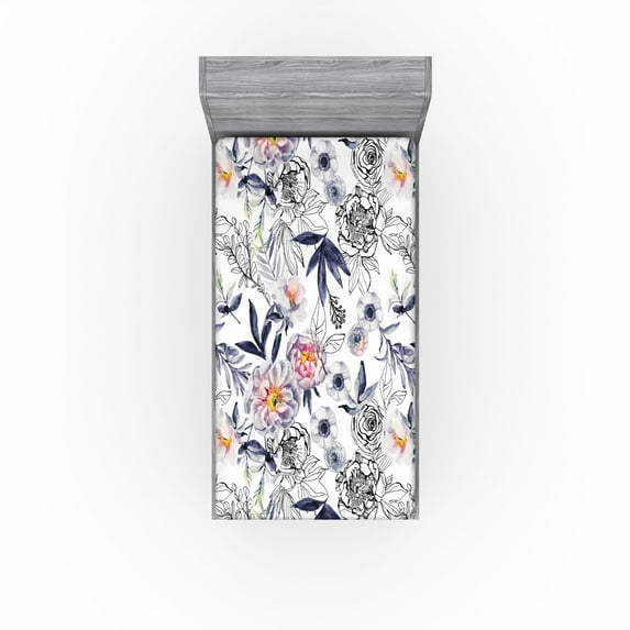 Ambesonne Spring Fitted Sheet, Roses Peonies Anemones Art, Twin Size, Dark Indigo Pale Ruby
