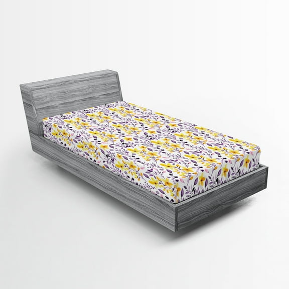 Ambesonne Spring Fitted Sheet, Rural Flowers and Leaves, Twin Size, Yellow Purple White