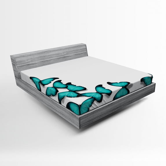Ambesonne Spring Fitted Sheet, Sunny Butterflies Morphs, Full Size, Black Turquoise