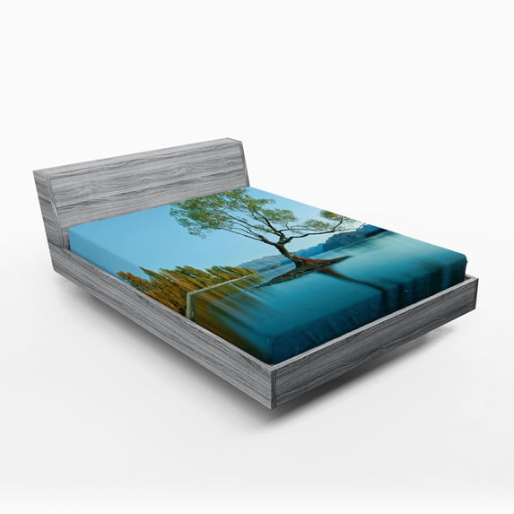 Ambesonne Spring Fitted Sheet, Tree Lake Nature Themed, Full Size, Teal Fern Green