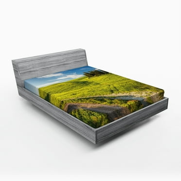 Ambesonne Spring Fitted Sheet, Tuscany Wildflowers View, Full Size, Sky Blue Fern Green