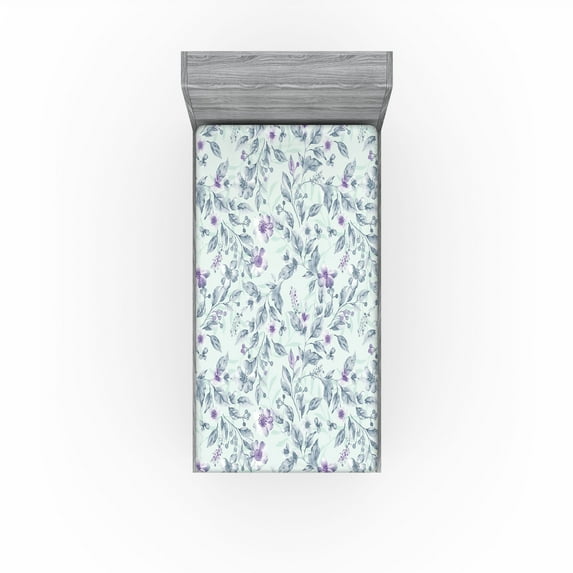 Ambesonne Spring Fitted Sheet, Watercolor Flower Foliage, Twin XL Size, Blue Grey and Pale Lavender