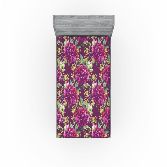 Ambesonne Spring Fitted Sheet, Watercolor Flowers Flora Art, Twin XL Size, Pistachio Green Eggplant