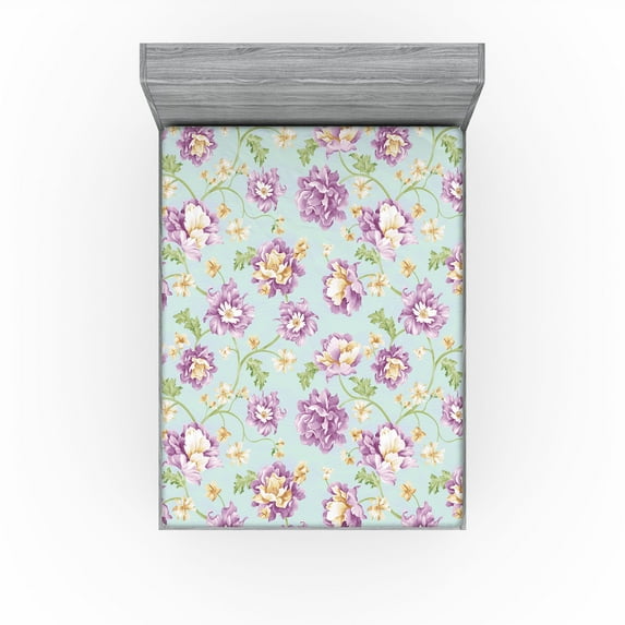 Ambesonne Spring Fitted Sheet, Watercolor Repeating Flora, California King, Pale Eggplant Green