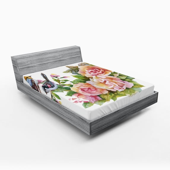 Ambesonne Spring Fitted Sheet, Wild Exotic Birds Roses, Full Size, Multicolor