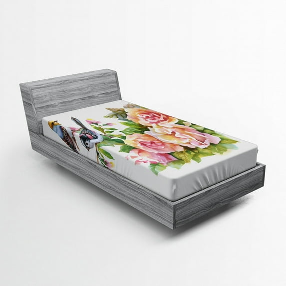 Ambesonne Spring Fitted Sheet, Wild Exotic Birds Roses, Twin Size, Multicolor