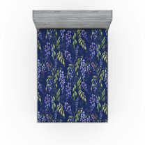 Ambesonne Spring Fitted Sheet, Wistaria Flowers with Leaves, California King, Sage Green and Dark Blue